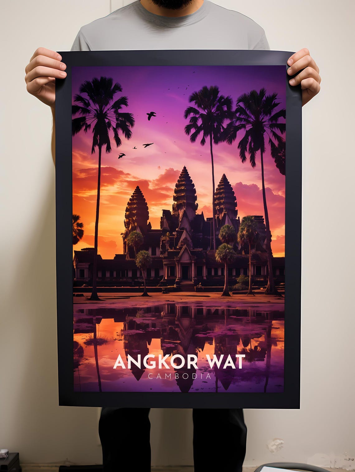 Angkor Wat Cambodia Sunset Reflection Temple Towers Travel Poster