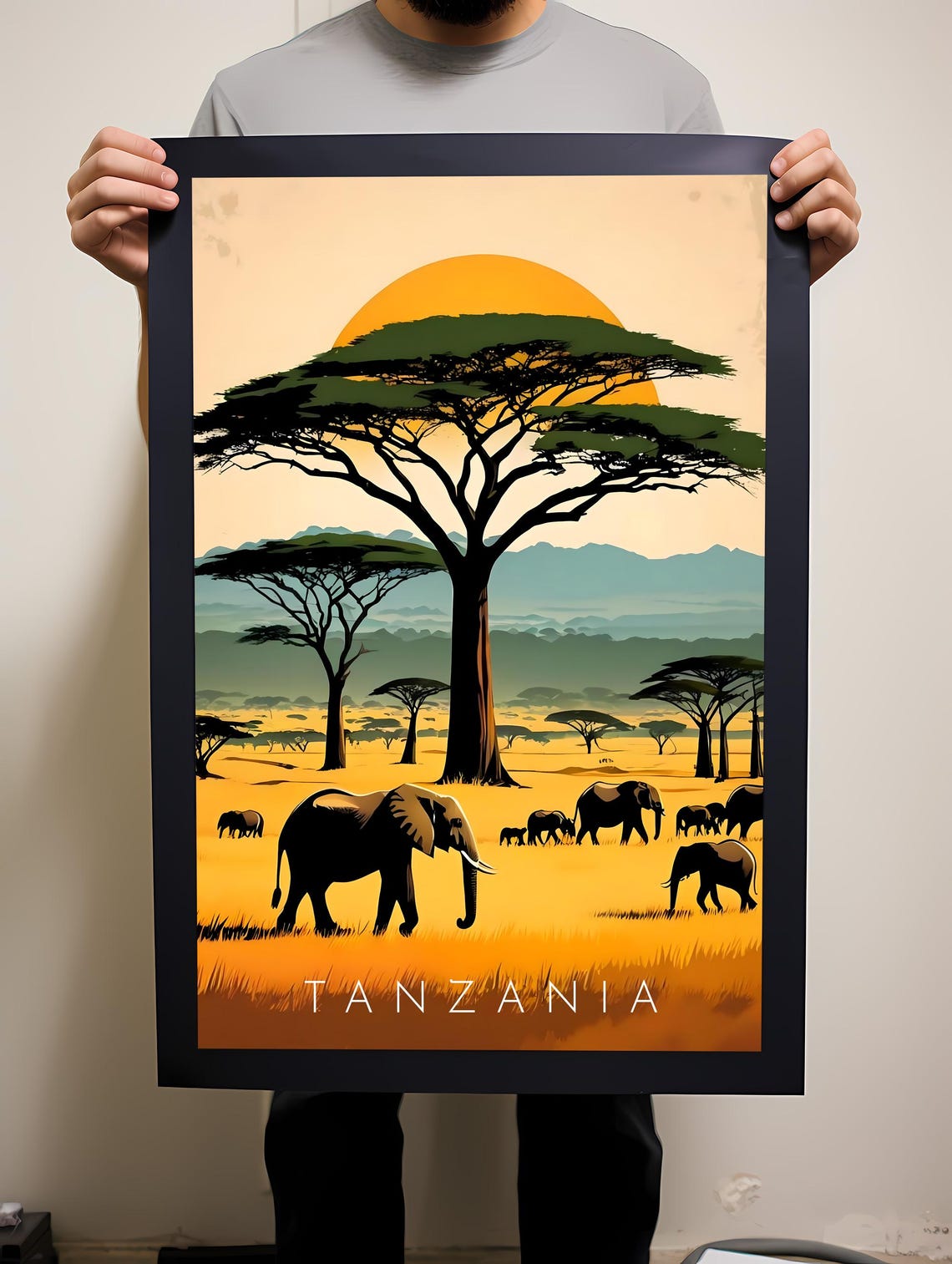 Tanzania Safari Elephants Acacia Trees Sunset Savanna Poster