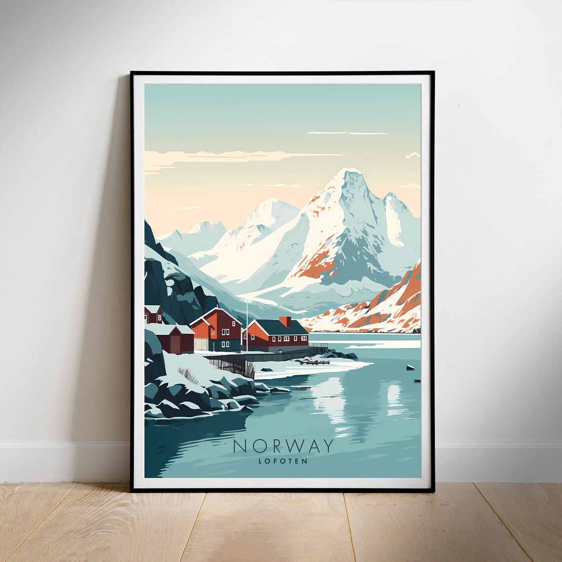 Lofoten Norway Red Cabins Snowy Peaks Vintage Style Travel Poster - Image 2
