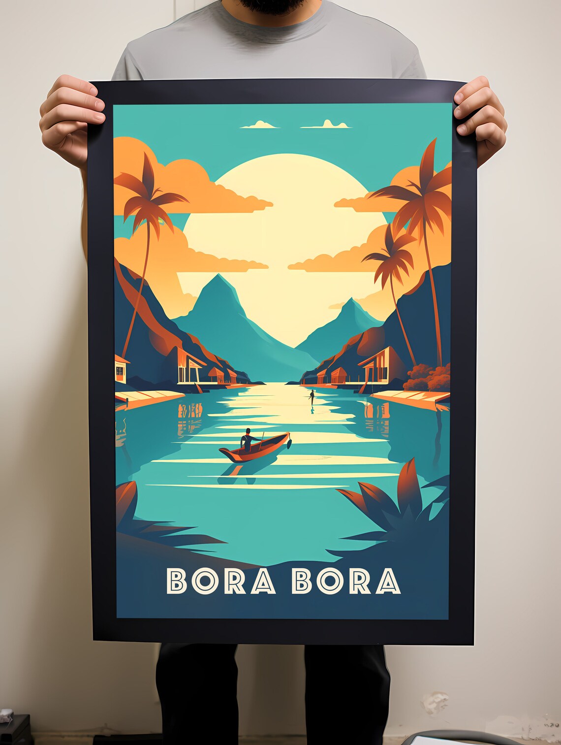 Bora Bora Turquoise Lagoon Canoe Golden Sunset Colorful Travel Poster - Image 2