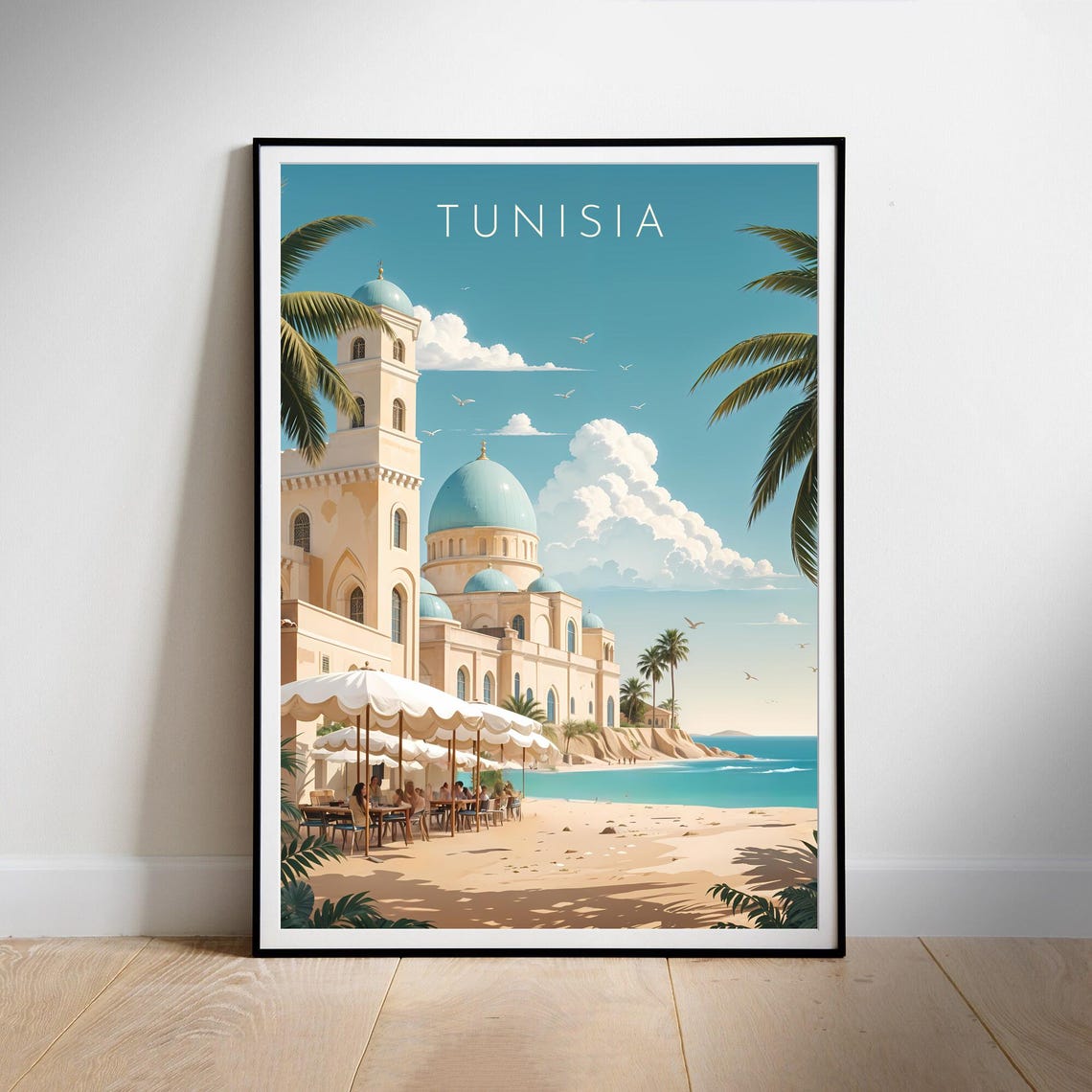 Tunisia Beachside Blue Dome Mosque Illustrated Travel Poster - Image 2
