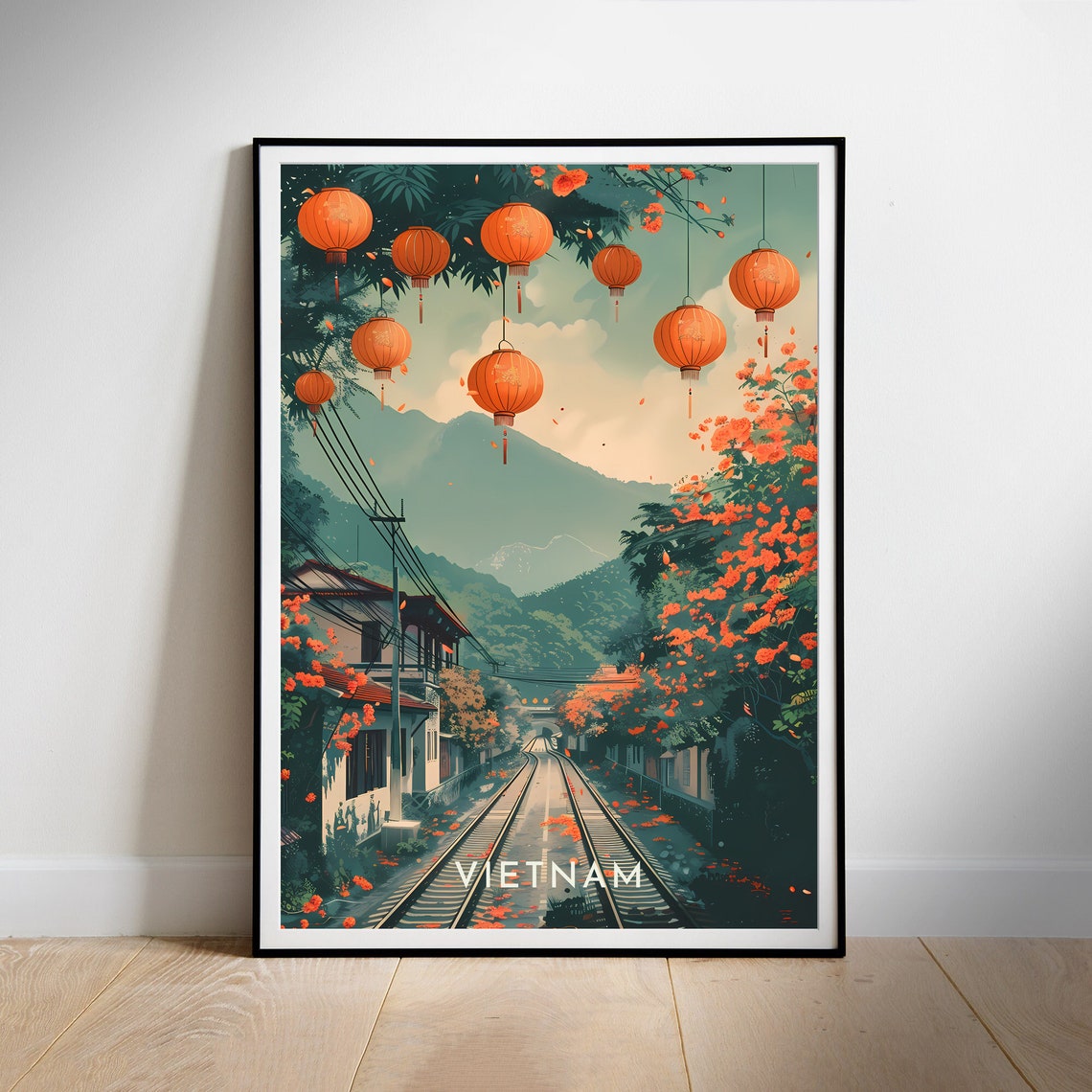 Vietnam Mountain Railway Red Lanterns Vintage Travel Art Poster - Image 2