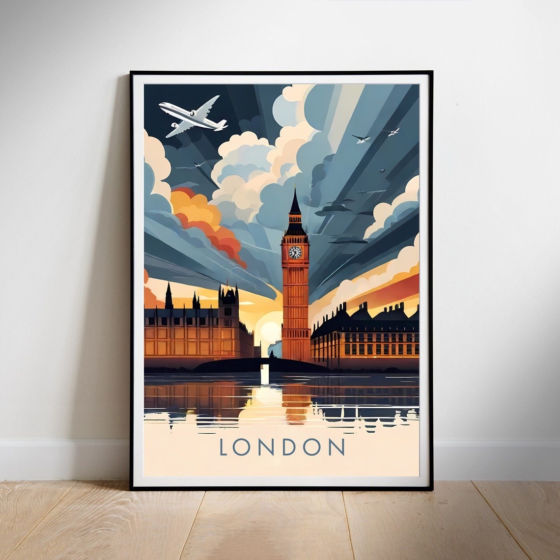 London Big Ben Sunset Skyline Retro Travel Illustration Poster