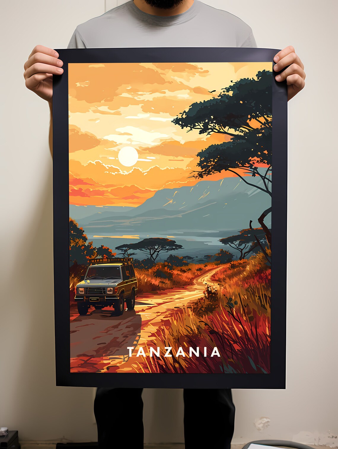 Tanzania Safari Sunset Jeep Acacia Trees Illustrated Travel Poster - Image 2