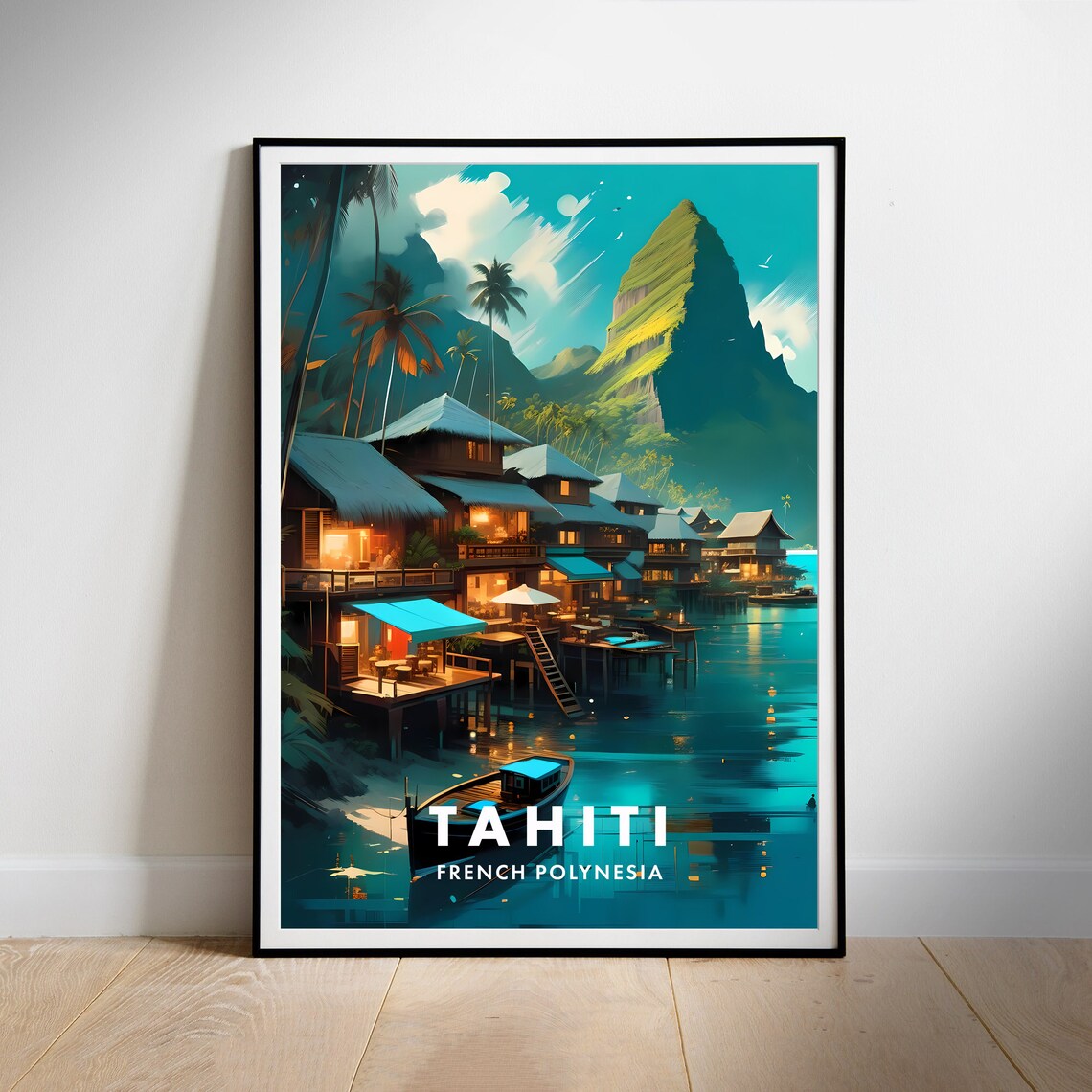 Tahiti Overwater Bungalows Night Lagoon Travel Poster French Polynesia - Image 2