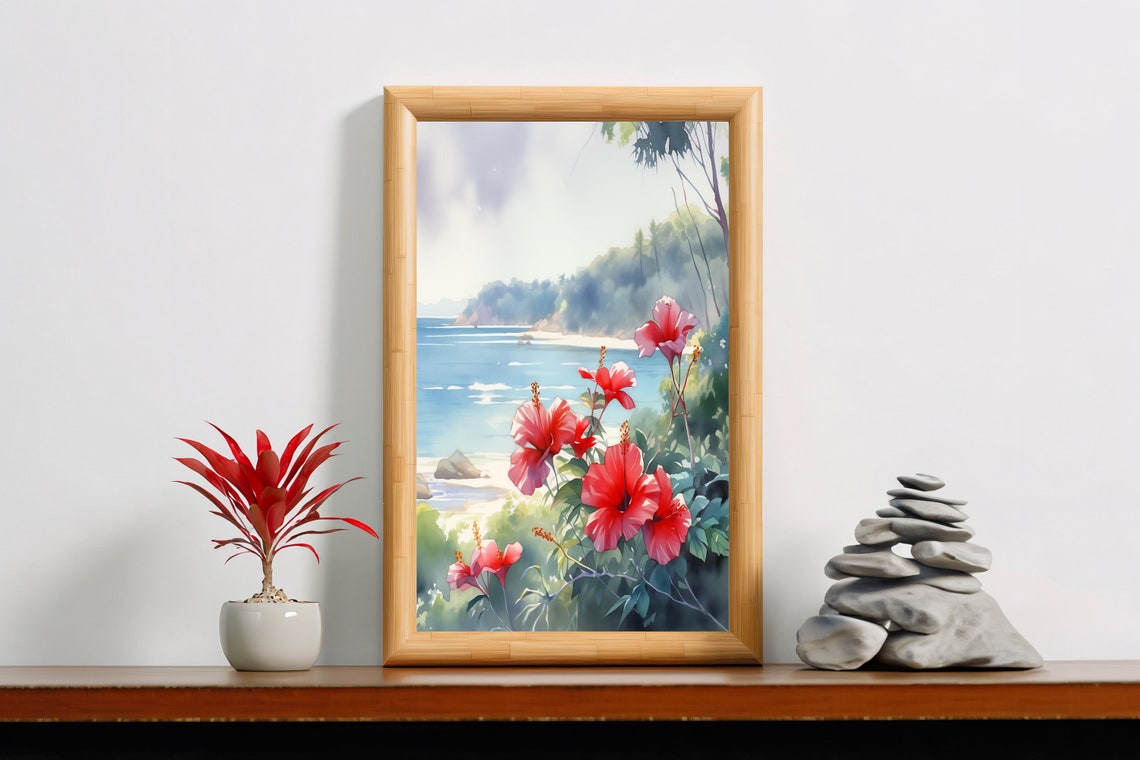 Hibiscus Water Color Art Red Floral Beach Scene With Palm Trees Blue Water Print For Home Decor - Image 3
