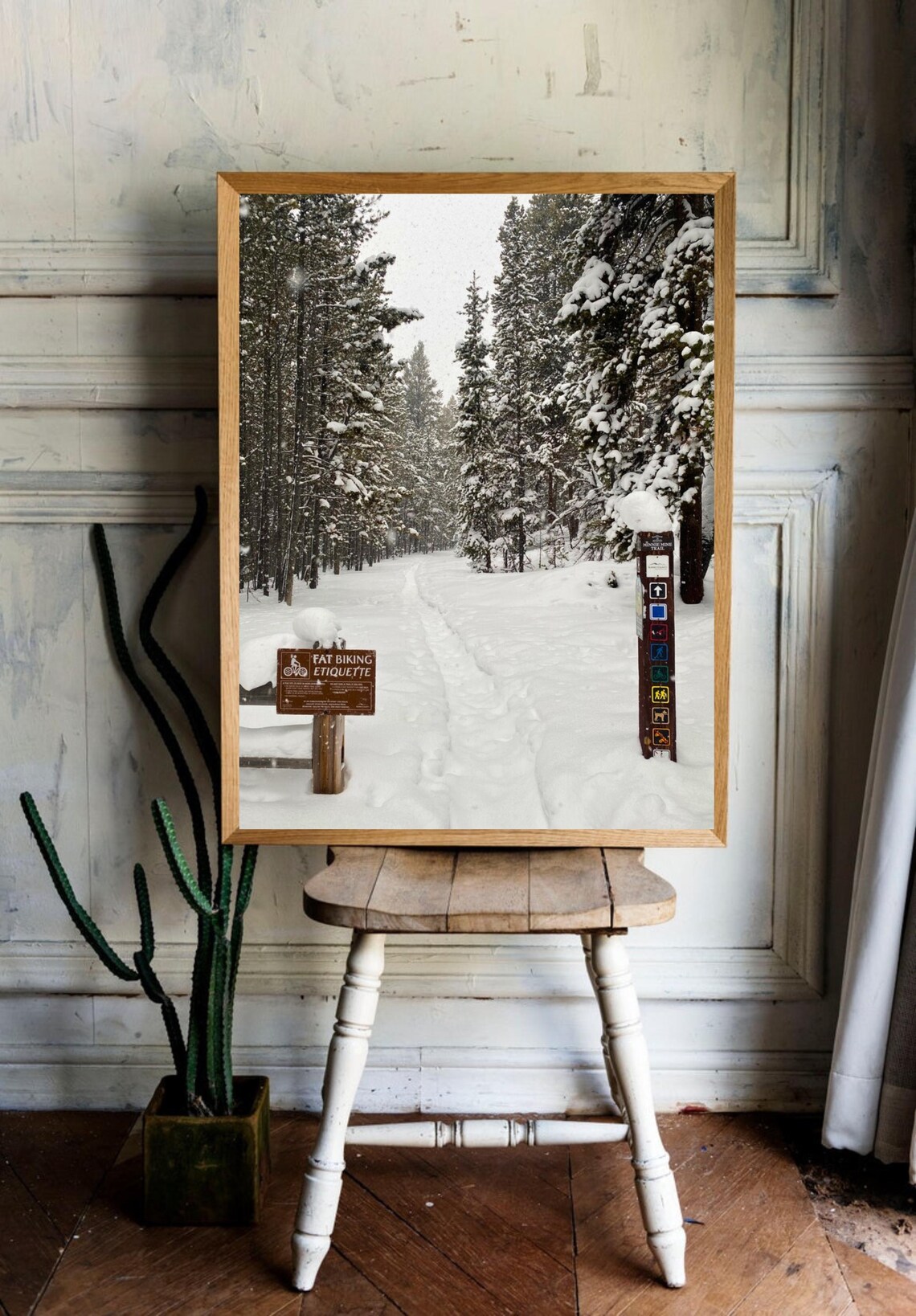 Snowy Forest Trail With Fat Biking Sign Winter Wonderland Photo Poster - Image 3