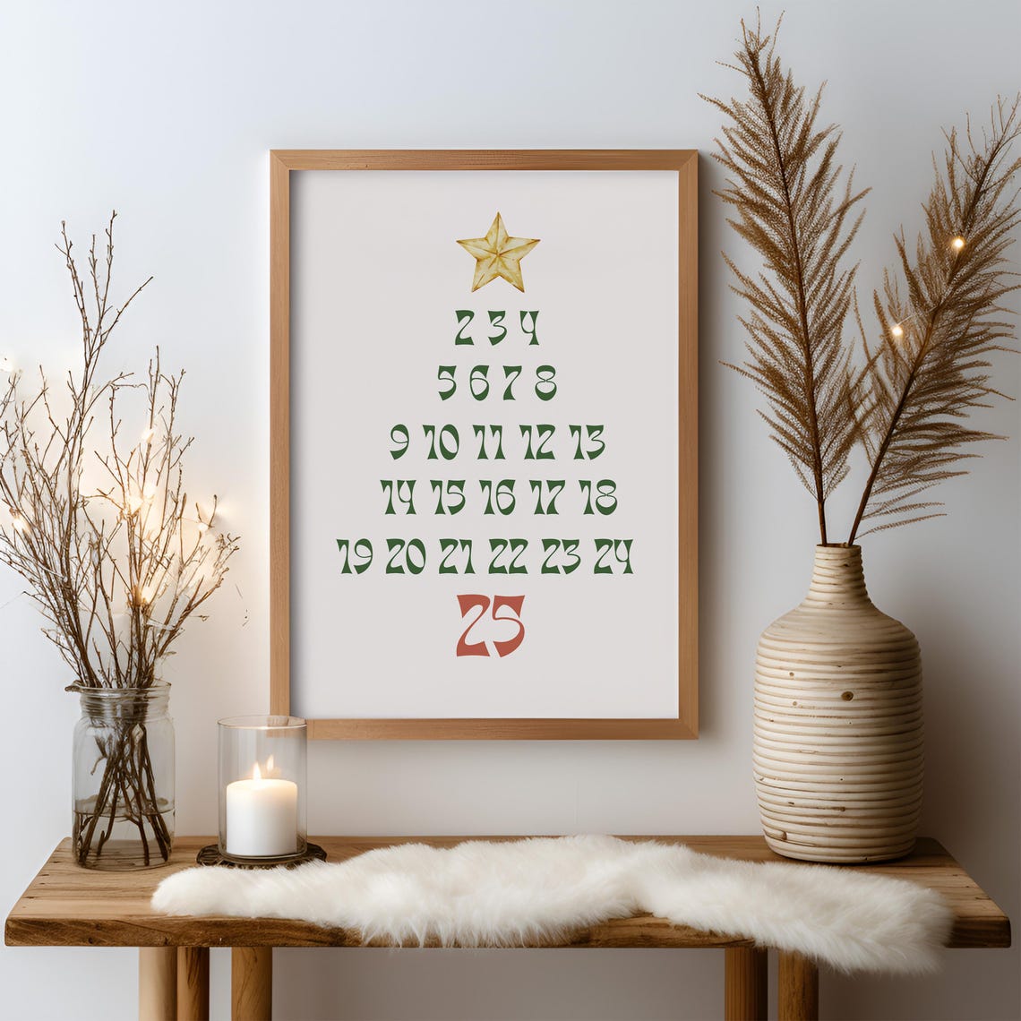 25 Days Of Christmas Tree Numbers Countdown Gold Star Poster