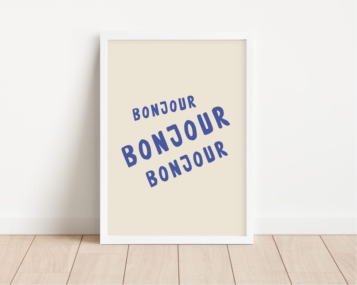 Bonjour Repeated Blue French Typography Minimalist Kitchen Poster - Image 2