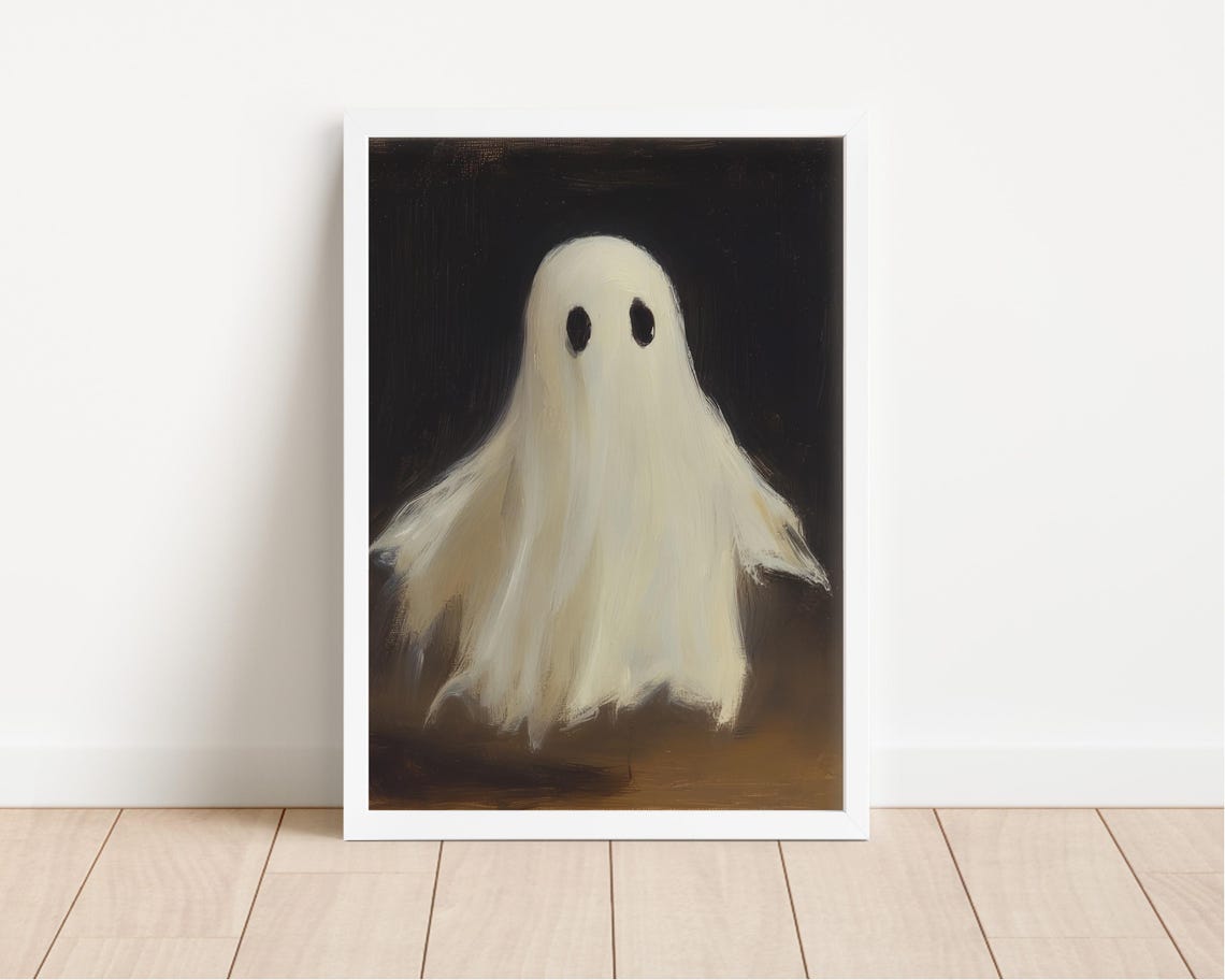 Cute White Ghost Vintage Oil Painting On Dark Background Poster - Image 4