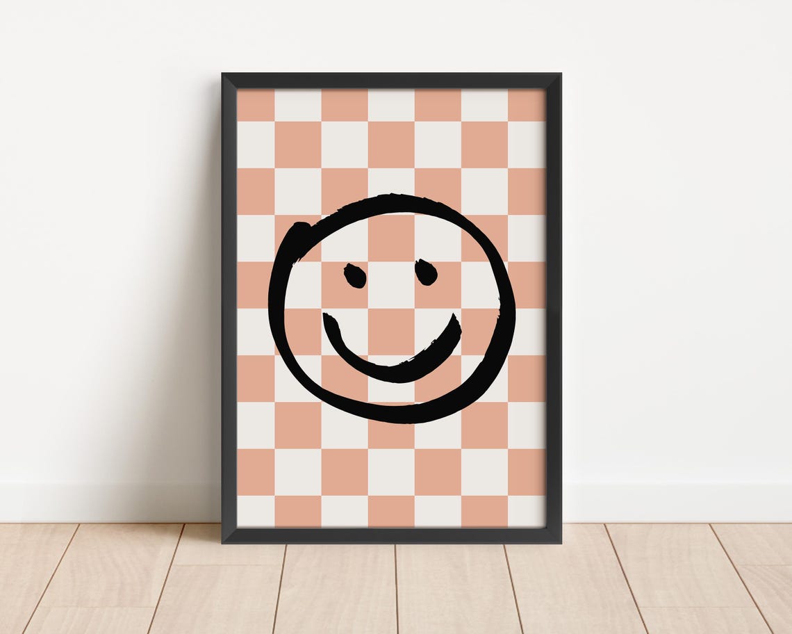 Smiley Face Pink Checkered Retro Happy Wall Decor Art Poster - Image 3