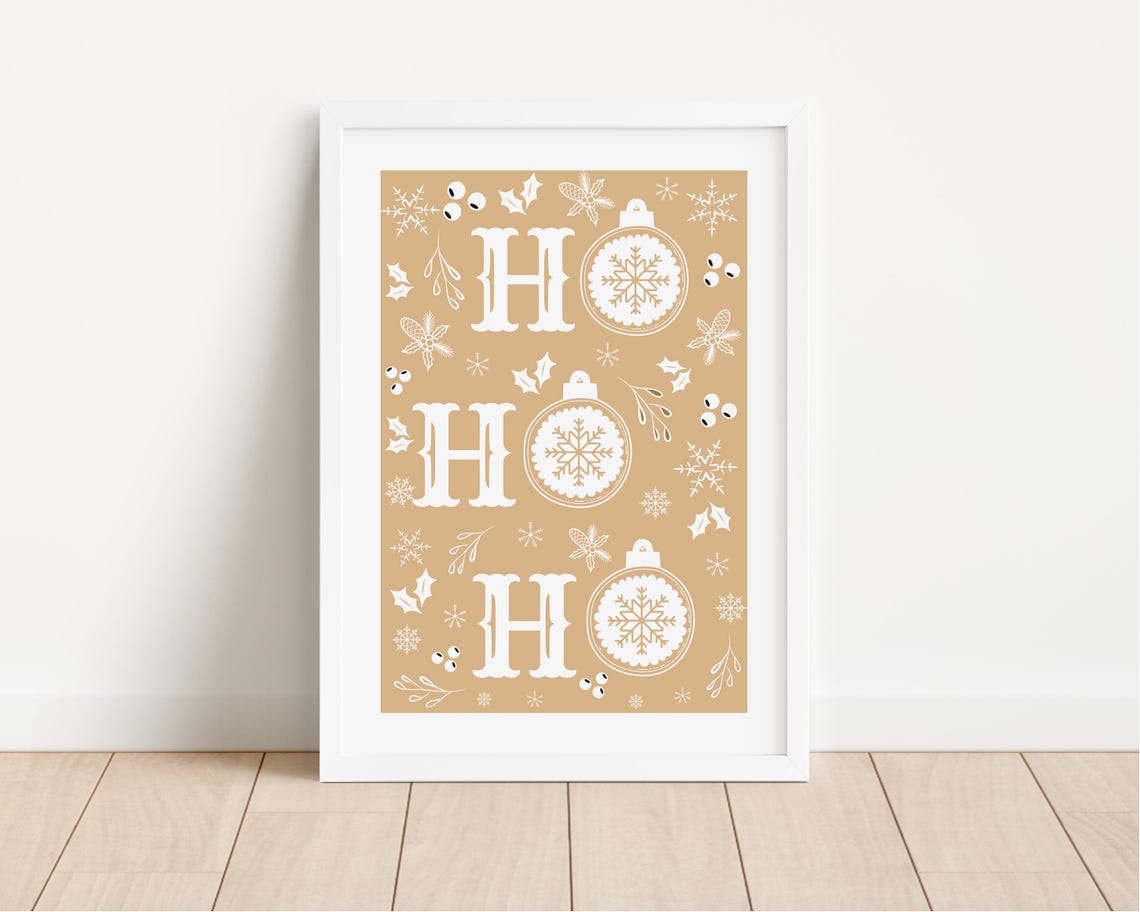 Ho Ho Ho Christmas Typography Ornaments Snowflakes Tan Poster - Image 2