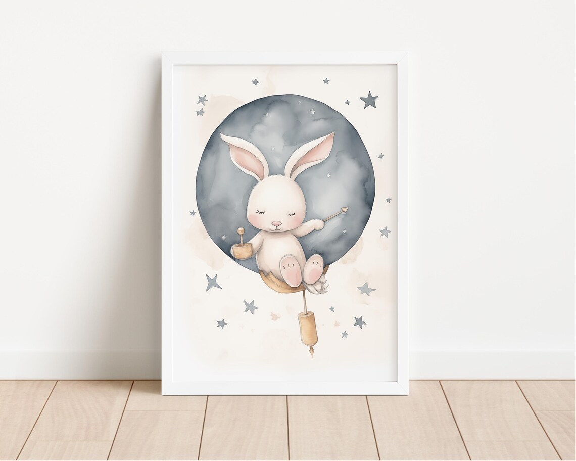 Sleeping Bunny Moon Watercolor Poster Stars Nursery Baby Room Wall Decor - Image 2