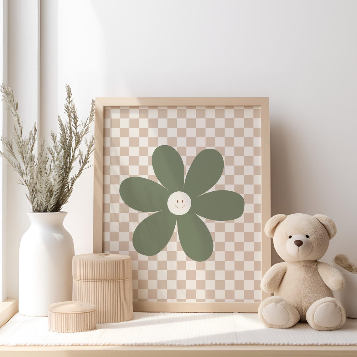 Smiling Daisy Flower Sage Green Checkerboard Nursery Art Poster - Image 2