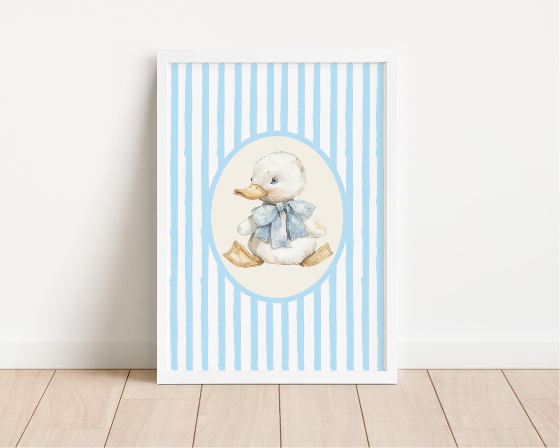 Baby Duck Watercolor Blue Stripes Nursery Animal Decor Poster - Image 3