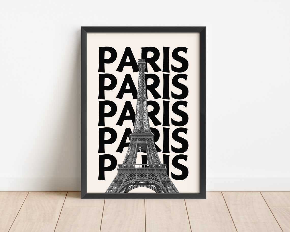 Paris Eiffel Tower Repeated Text Black and Cream Travel Poster - Image 3