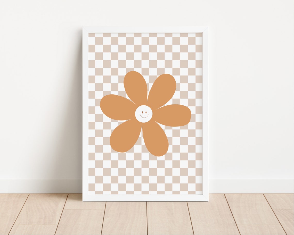 Smiling Daisy Mustard Yellow Checkerboard Nursery Decor Poster