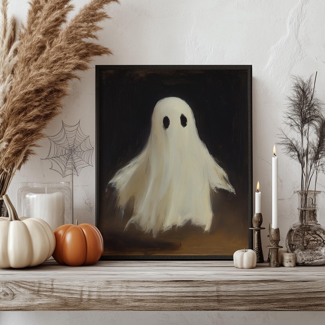 Cute White Ghost Vintage Oil Painting On Dark Background Poster - Image 2