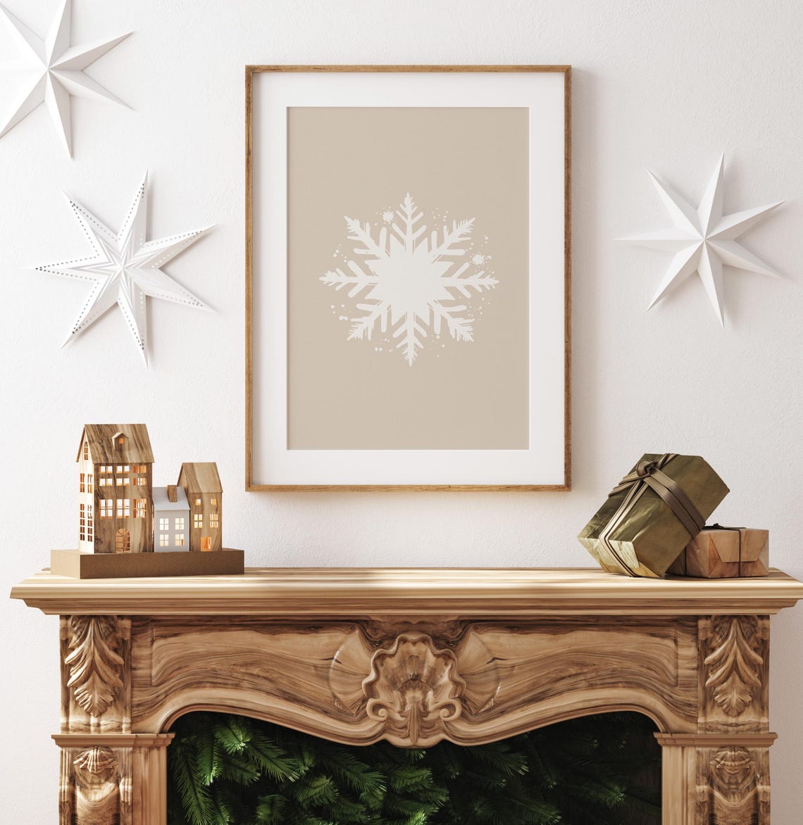 White Snowflake On Beige Minimalist Scandinavian Winter Poster - Image 4