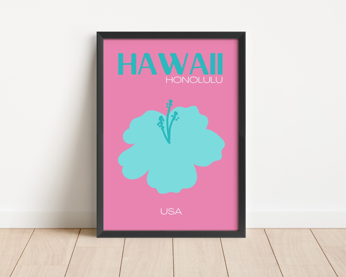 Bold Hawaii Honolulu Pink Teal Hibiscus Flower Travel Poster - Image 3
