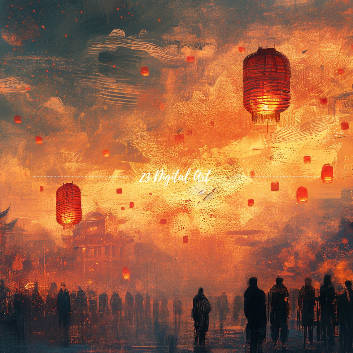 Chinese Lantern Festival Night Glowing Red Lanterns Pagoda Poster - Image 3