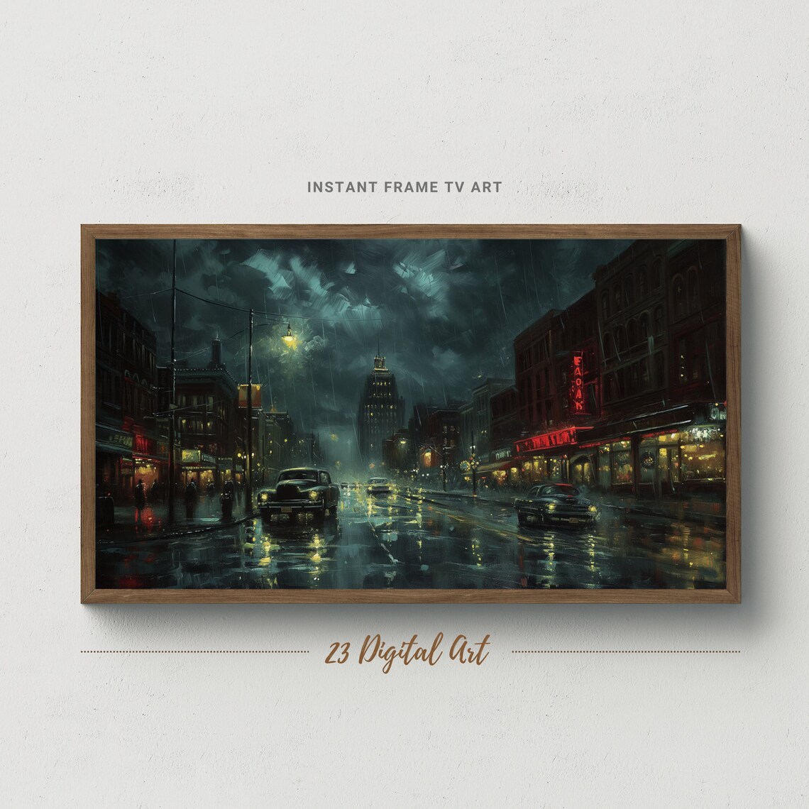 Vintage Rainy Night City Street Classic Cars Neon Art Poster