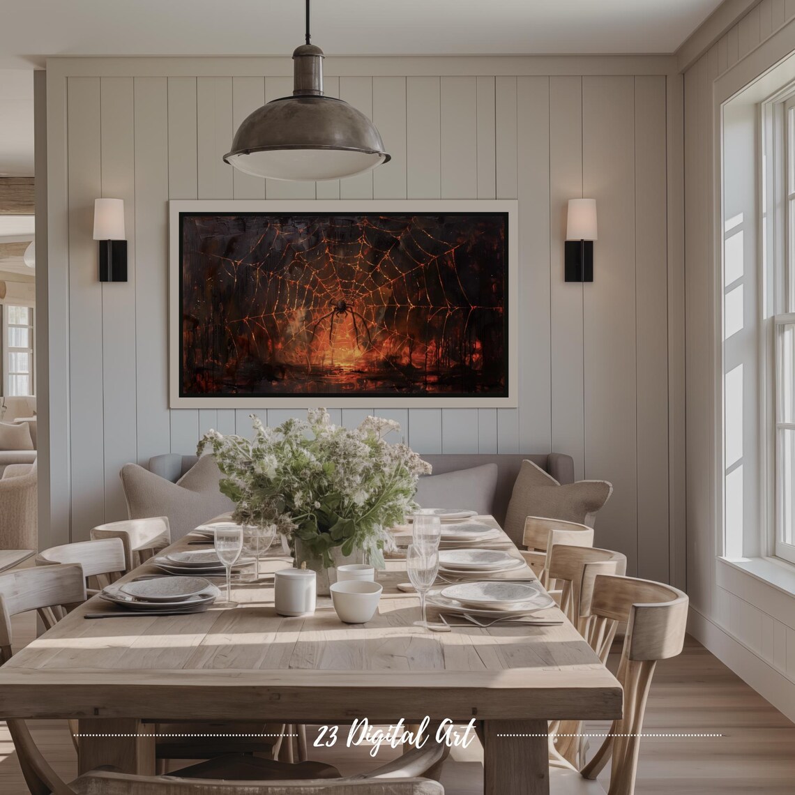 Giant Spider Web Fire Glow Spooky Halloween Night Painting Frame TV Poster - Image 2