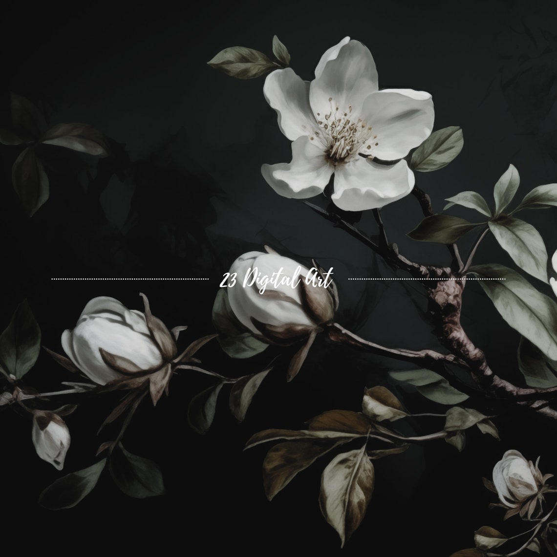 White Flowers Black Background Dramatic Botanical Painting Art Print - Image 7
