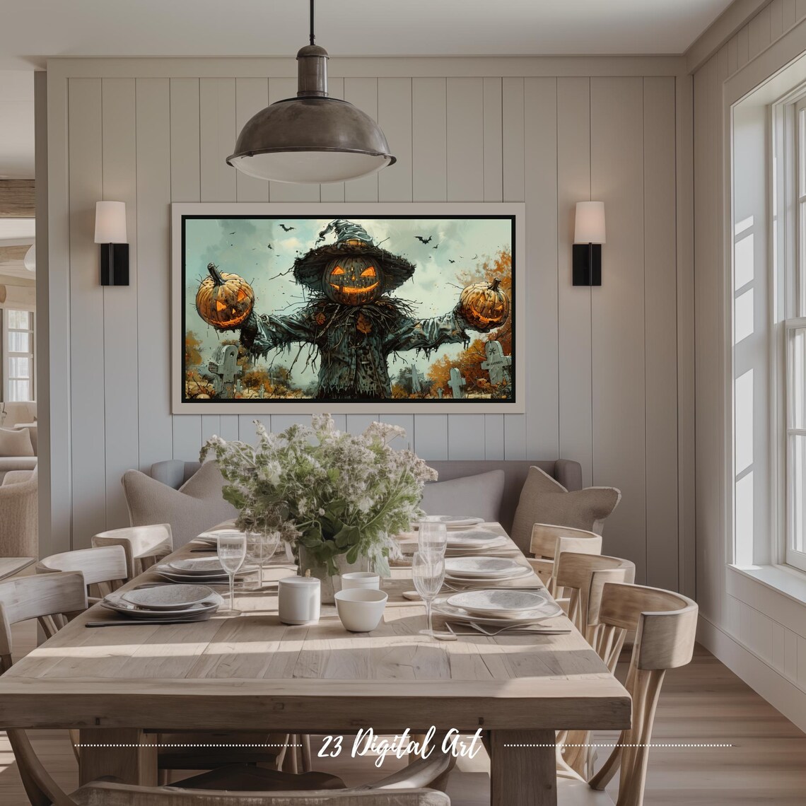 Halloween Pumpkin Head Scarecrow Glowing Jack-o-Lanterns Spooky Graveyard Poster - Image 4