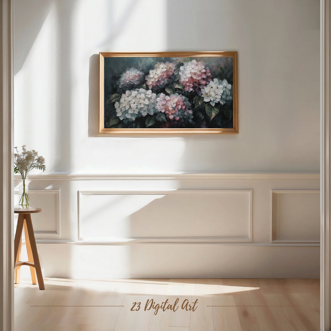 Dark Moody Hydrangeas White Pink Blooms Elegant Floral Art Print - Image 6