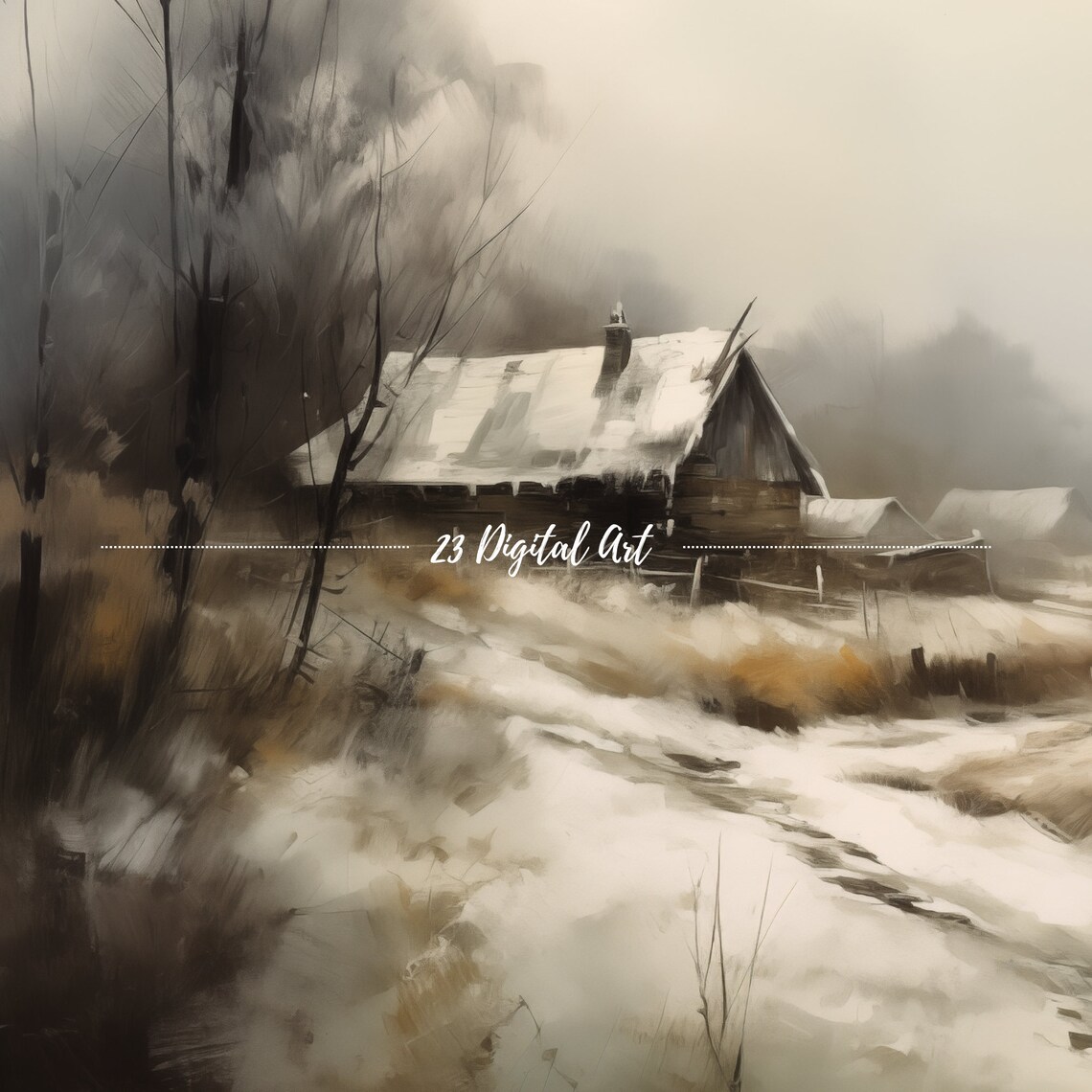 Misty Snowy Farmhouse Foggy Winter Morning Vintage Painting Poster - Image 3
