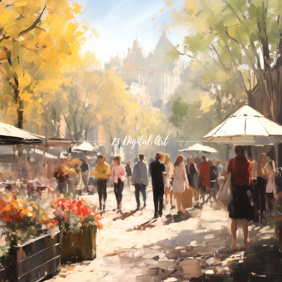 Frame Tv Art Rustic Oil Painting Of People Walking Under The Sunshine In The Market Beautiful Frame Tv Art Classic Summer Tv Art 084 - Image 6