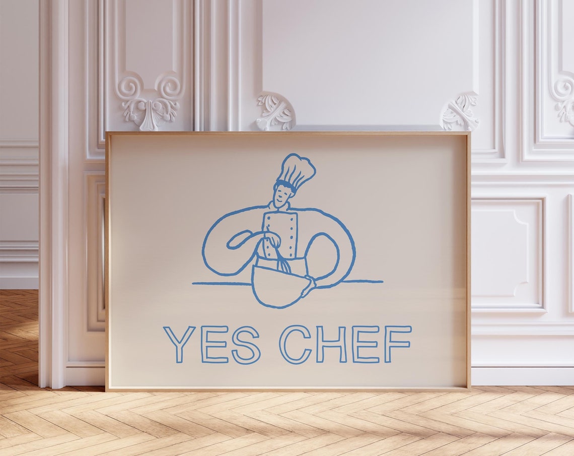 Yes Chef Blue Chef Cooking Line Art French Kitchen Quote Poster