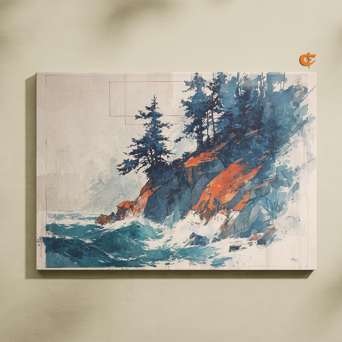 Ocean Cliff Pines Watercolor Rocky Shore Teal Waves Bold Seascape Poster