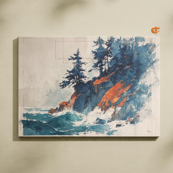 Ocean Cliff Pines Watercolor Rocky Shore Teal Waves Bold Seascape Poster