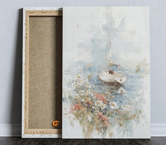 Soft Watercolor Sailboat among Wildflowers Seaside Cottage Poster