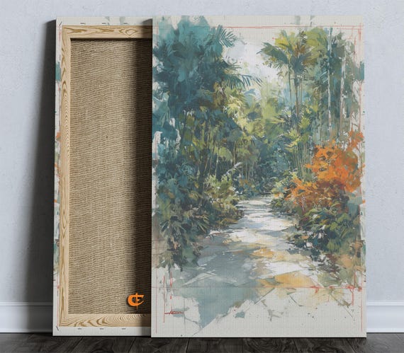 Lush Bamboo Walkway Watercolor Forest Landscape Art Rustic Nature Path Greenery Wall Decor Summer Painting 865
