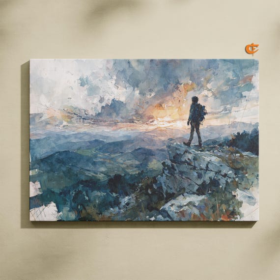Hiker At Mountain Summit Expansive Watercolor Landscape Scenic Nature View Wilderness Art Outdoor Adventure Decor 955