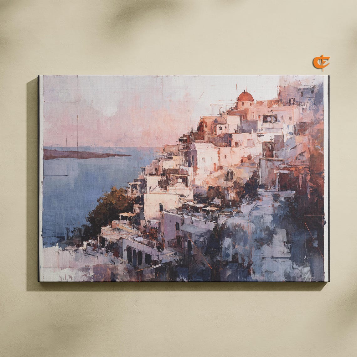 Santorini Village Watercolor Sunset Cliffside Town Wall Poster