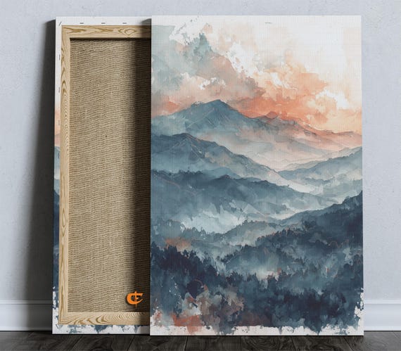 Blue Ridge Mountains Watercolor Rustic Landscape Art Autumn Mist Earthy Mountain Scene Decor Wall 900