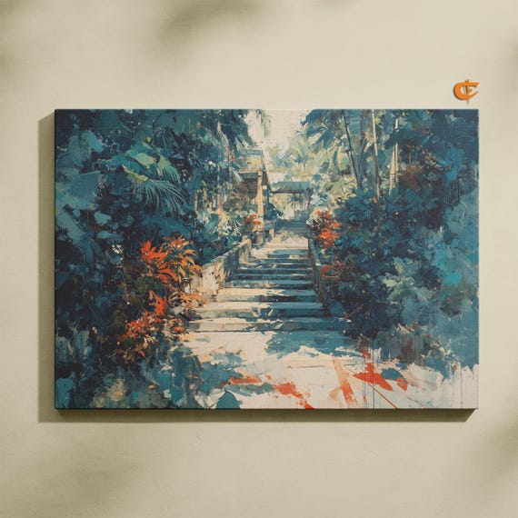 Rustic Bamboo Walkway Painting Lush Greenery Wall Art Watercolor Pathway Print Tranquil Nature Decor Landscape 935