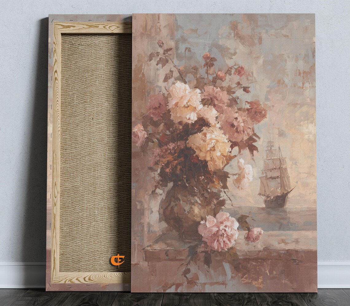 Vintage Roses Bouquet Still Life Tall Ship Oil Painting Poster