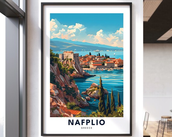 Nafplio Greece Fortress Coastal Town Travel Poster Sea View Art