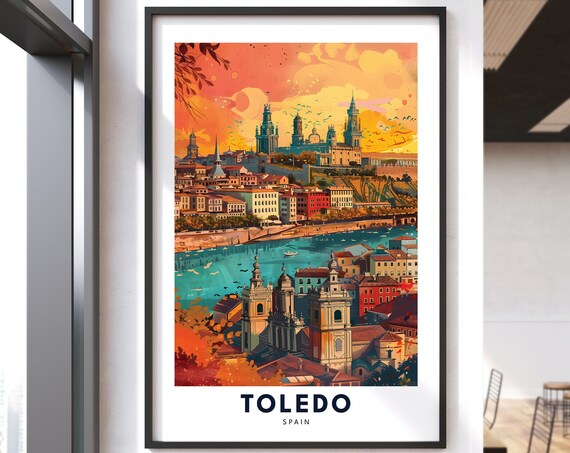 Toledo Spain Old Town Cathedral Sunset Skyline Travel Poster