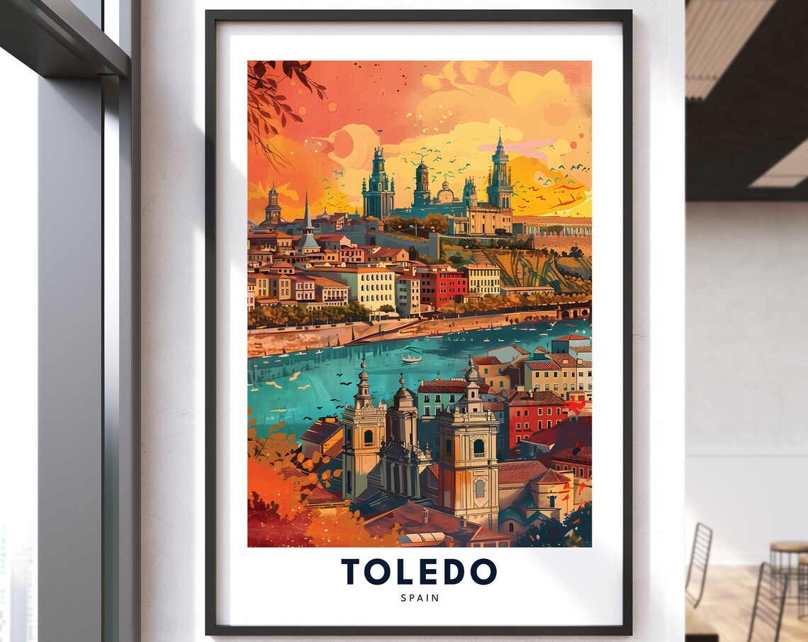 Toledo Spain Old Town Cathedral Sunset Skyline Travel Poster