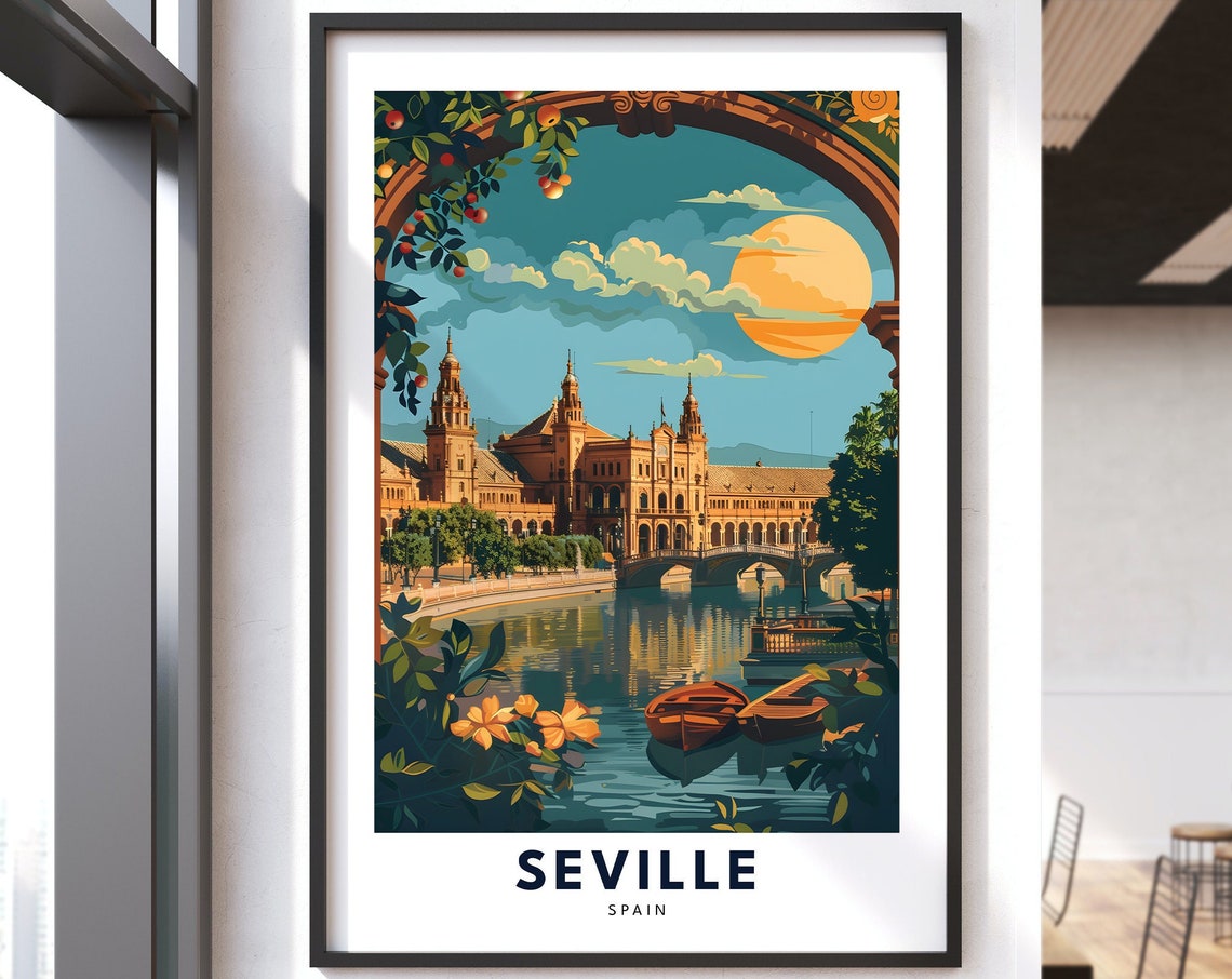 Seville Spain Historic Palace Bridge Sunset Travel Poster Art