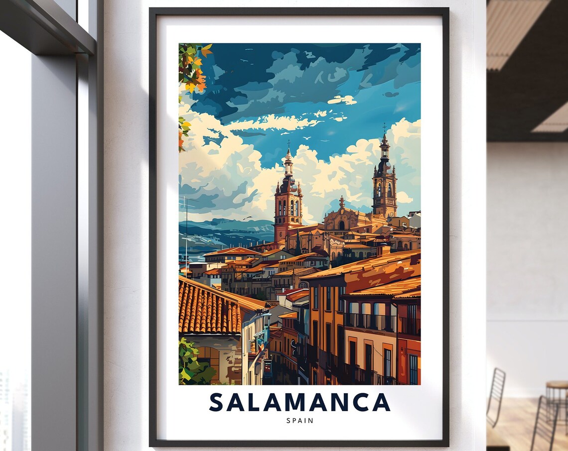 Salamanca Spain Cathedral Terracotta Rooftops Vintage Travel Poster