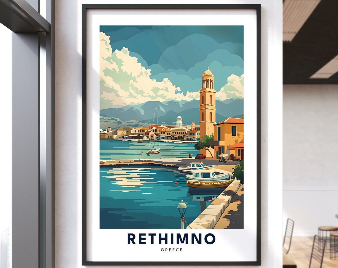 Rethimno Greece Venetian Harbor Bell Tower Boats Vintage Travel Poster