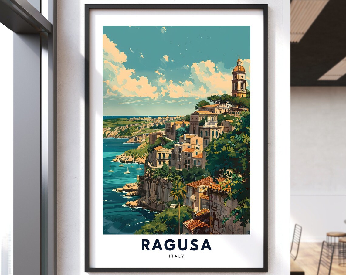 Ragusa Italy Coastal Cliff Town Travel Poster Mediterranean Decor
