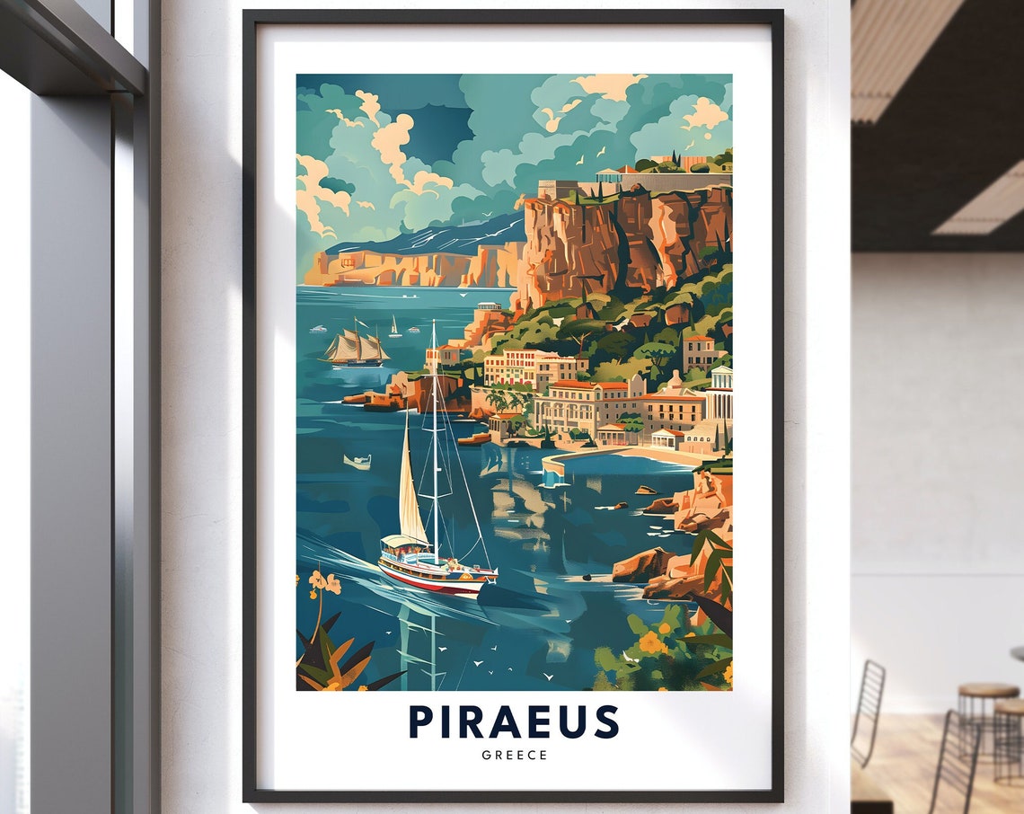 Piraeus Greece Coastal Cliff City Sailboat Aegean Travel Poster